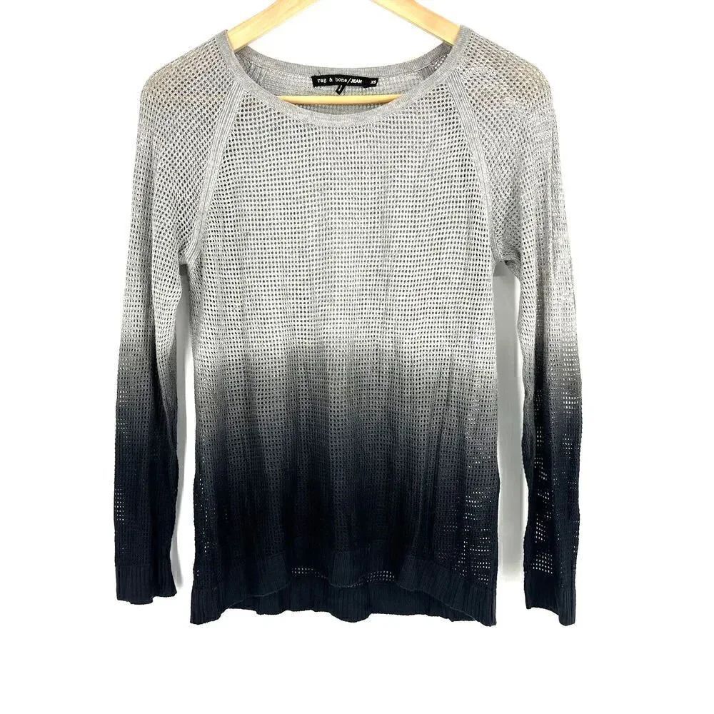 Rag & Bone Top Size XS Womens Gray Open Knit Crew Neck Sweater Pullover Ombre